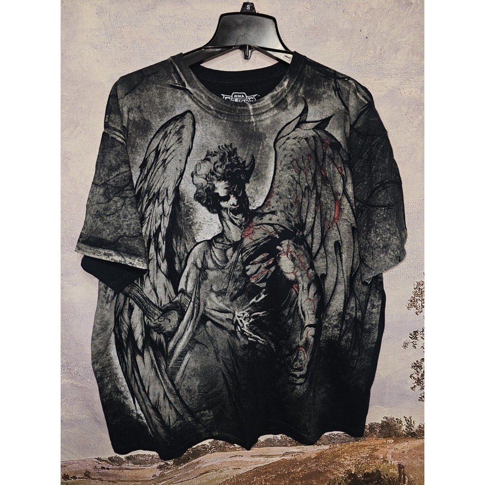 MMA Elite Shirt Mens XL Black Angel Gothic MMA Graphic Tee Top Allover Wings